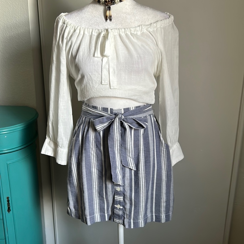 New Button Down Tie Waisted Summer Striped Chambray Seersucker Mini Skirt